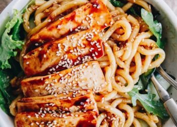 SESAME UDON NOODLES with GREENS + SPICY TOFU