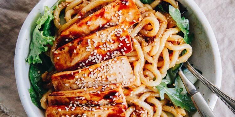 SESAME UDON NOODLES with GREENS + SPICY TOFU