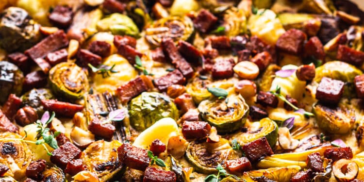 Baked gnocchi with sprouts and leeks