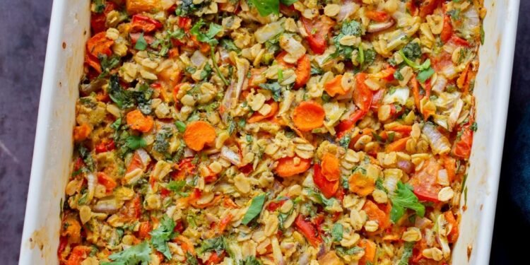 Spiced Savory Baked Oatmeal with veggies