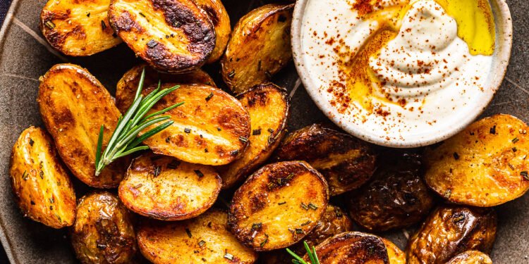 Roasted new potatoes with rosemary garlic dip