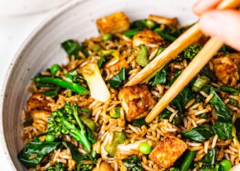 Vegan fried rice with spring vegetables