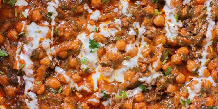 Harissa Chickpeas with Caramelized Onions and Greens