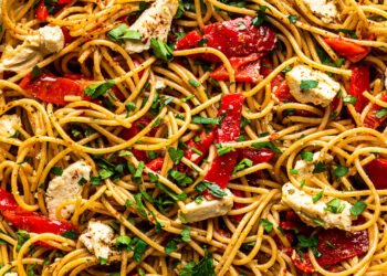 Roasted pepper pasta with vegan feta