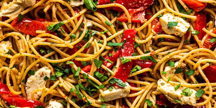Roasted pepper pasta with vegan feta