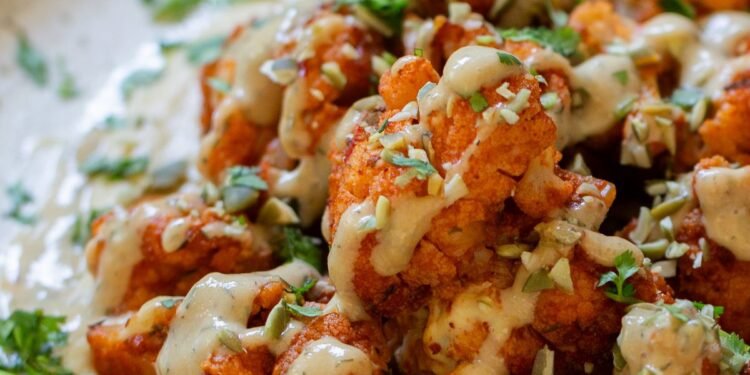 Harissa Cauliflower with Tahini Dill Dressing (30 minutes)