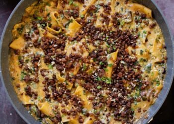 Smoky Skillet Lasagna with Crispy, Bacon-y Lentils (one pot)