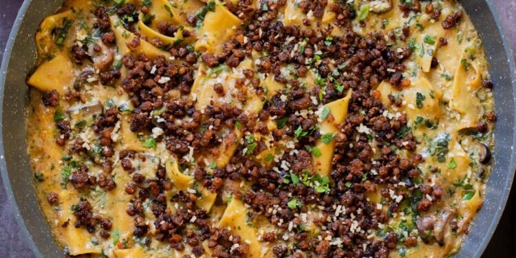 Smoky Skillet Lasagna with Crispy, Bacon-y Lentils (one pot)