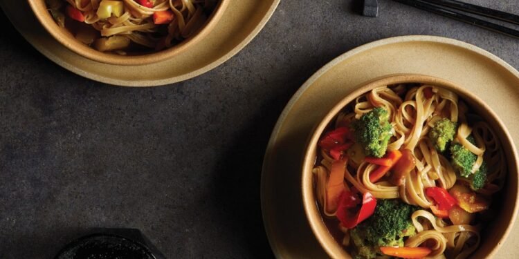Brown Rice Noodle Bowls with Ginger-Garlic Sauce Recipe
