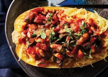Spaghetti Squash Boats with White Beans and Swiss Chard