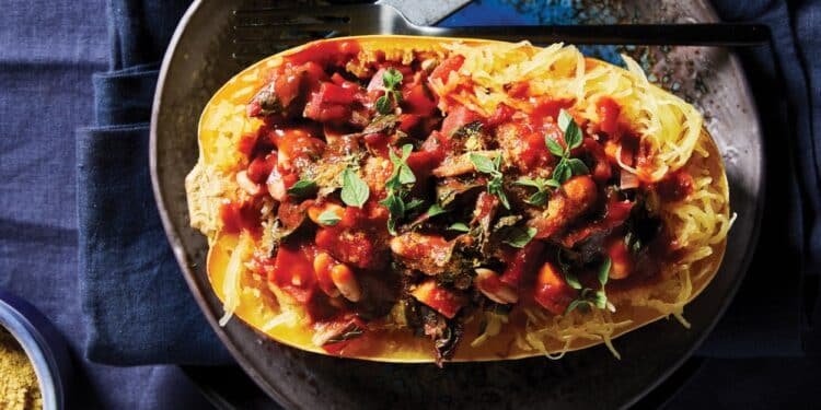 Spaghetti Squash Boats with White Beans and Swiss Chard