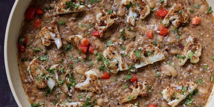 Caramelized Onion Beans with Charred Cauliflower
