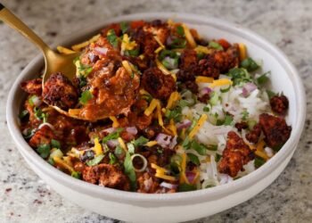 Chorizo Tofu Burrito Bowl with Smoky Lentil Black bean stew