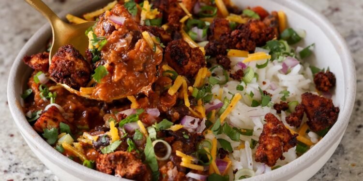 Chorizo Tofu Burrito Bowl with Smoky Lentil Black bean stew