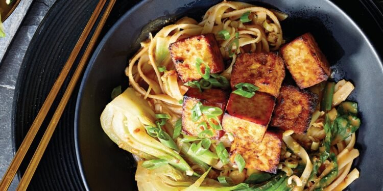 Crispy Air-Fried Tofu with Brown Rice Noodles Recipe