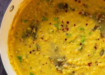 Thecha Dal (Lentil Dal with Blistered Green Chili Garlic Chutney)