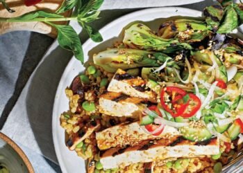 Grilled Bok Choy, Tofu, and Mushrooms with Brown Rice and Ponzu Sauce Recipe