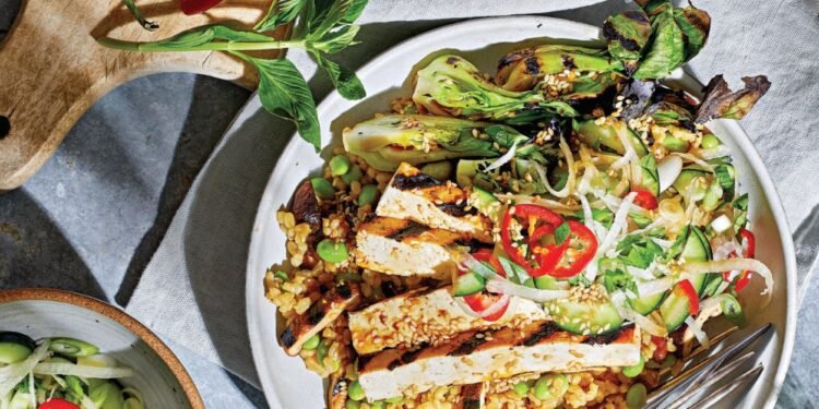 Grilled Bok Choy, Tofu, and Mushrooms with Brown Rice and Ponzu Sauce Recipe