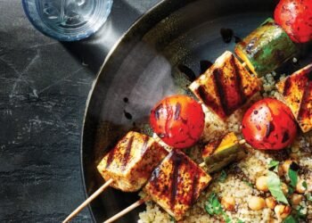 Grilled Tofu Kabobs with Rhubarb-Balsamic Glaze and Quinoa Pilaf Recipe