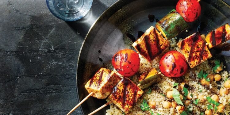 Grilled Tofu Kabobs with Rhubarb-Balsamic Glaze and Quinoa Pilaf Recipe