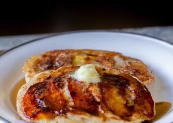 Peach Upside-Down Pancakes (vegan, nut-free, soy-free)
