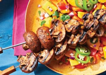 Spicy Jerk Mushroom Kabobs with Mango Salsa