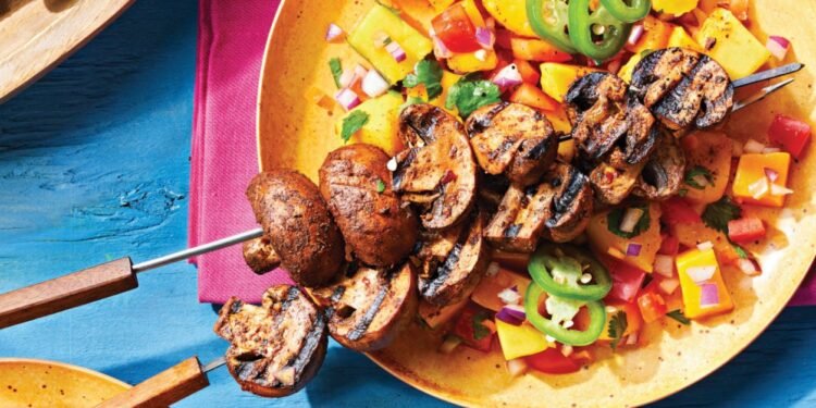 Spicy Jerk Mushroom Kabobs with Mango Salsa