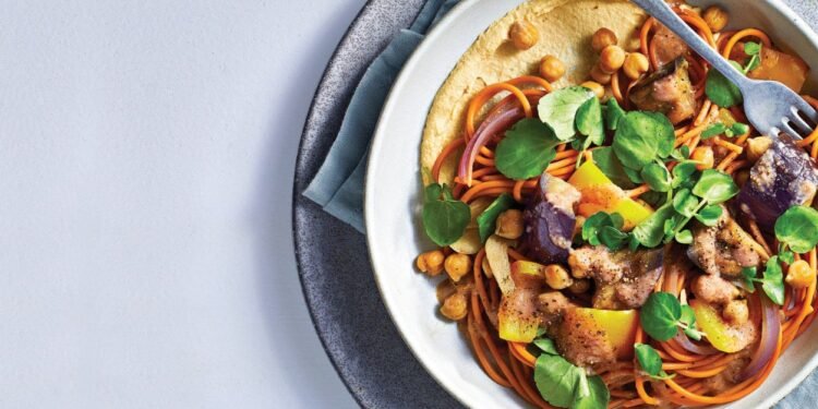 Lebanese 7-Spice Noodle Bowl with Eggplant and Roasted Garlic Recipe