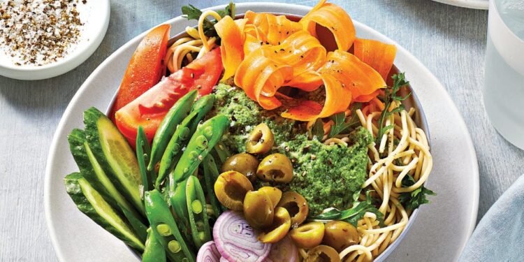 Chilled Noodle Bowls with Mixed Veggies and Minted Pea Dressing Recipe