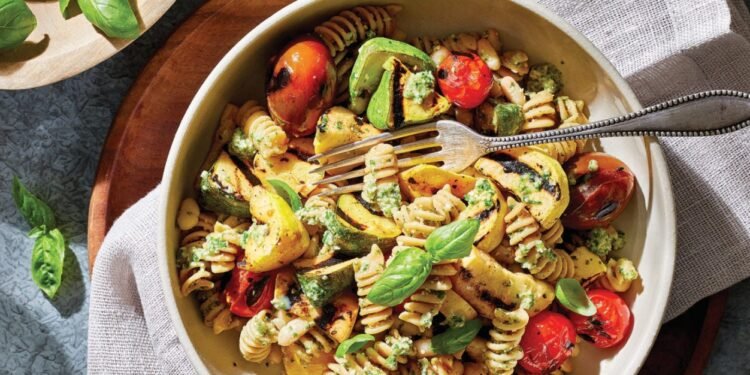 Basil-Leek Pesto Pasta with Cherry Tomatoes and Summer Squash Recipe