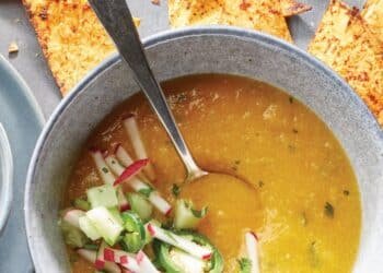 Yellow Tomato and Cucumber Gazpacho with Chili-Lime Chips