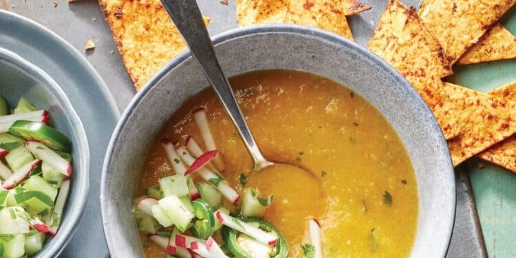 Yellow Tomato and Cucumber Gazpacho with Chili-Lime Chips