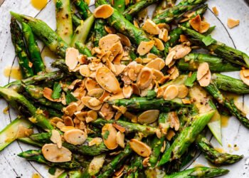 Roasted asparagus with charred lemon dressing