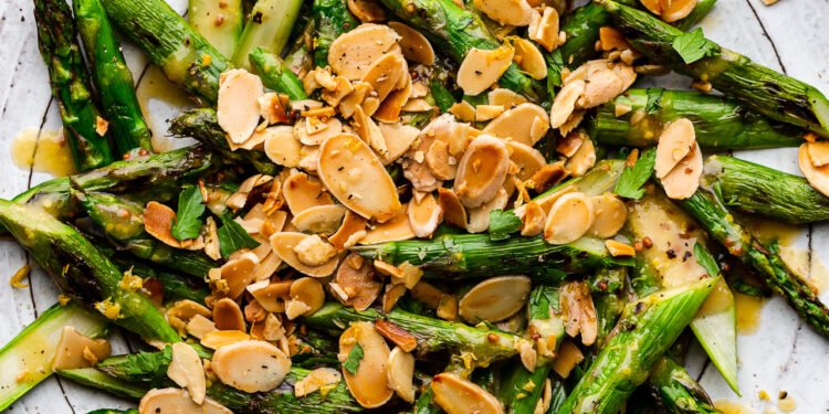 Roasted asparagus with charred lemon dressing
