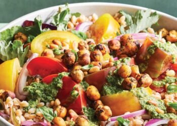 Hearty Pesto Salad with Tomatoes, Farro, and Air-Fried Chickpeas