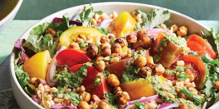 Hearty Pesto Salad with Tomatoes, Farro, and Air-Fried Chickpeas