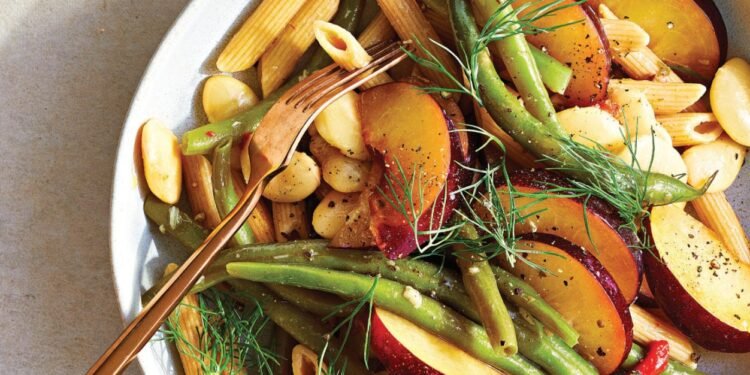 Plum Pasta Salad with Roasted Garlic Vinaigrette Recipe