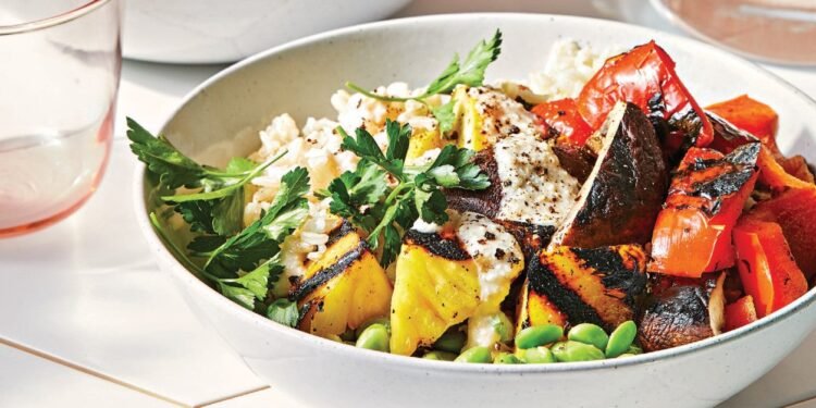 Grilled Pineapple Veggie Bowl with Spicy Cashew Crema Recipe