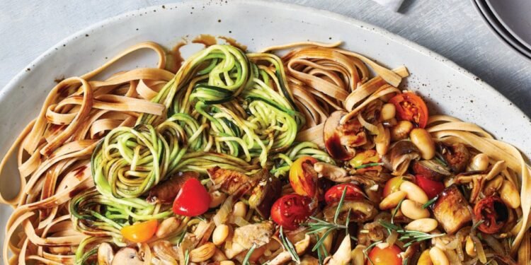 Whole Grain Fettuccine with Zoodles and Balsamic-Glazed Vegetables Recipe