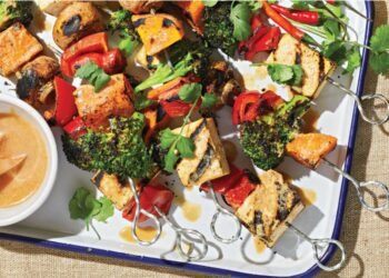 Grilled Veggie and Tofu Skewers with Peanut Sauce