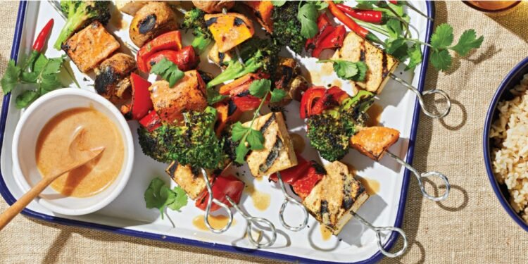 Grilled Veggie and Tofu Skewers with Peanut Sauce