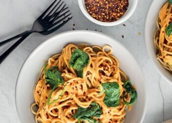 Harissa Almond Pasta with Spinach