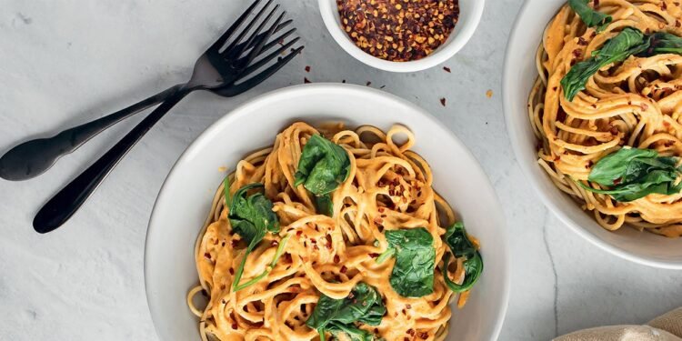 Harissa Almond Pasta with Spinach