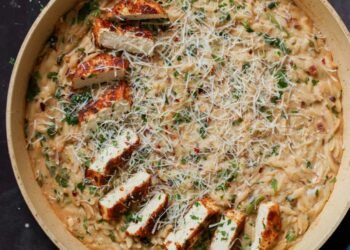 Garlic Parmesan Orzo with Pan Seared Paprika Tofu