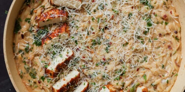 Garlic Parmesan Orzo with Pan Seared Paprika Tofu