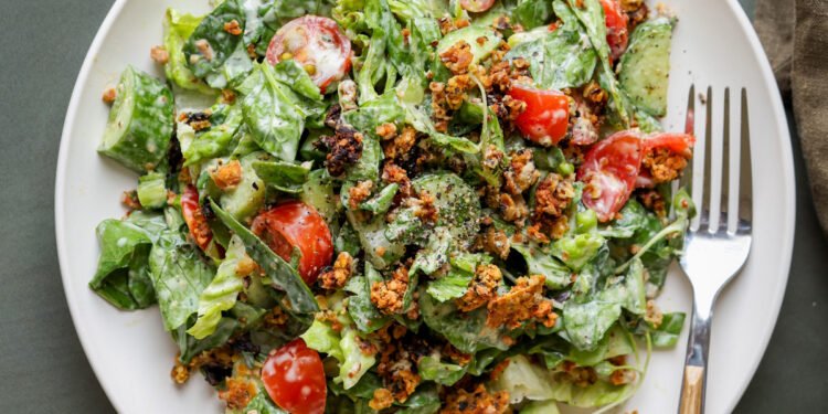Summer Spinach Salad with Chickpea Olive Crumble (high protein)