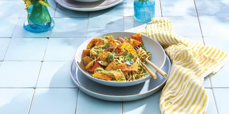 Fettuccine with Spinach Pesto and Carrot Ribbons