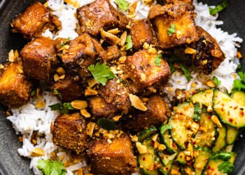 Peanut tofu with cucumber pickle