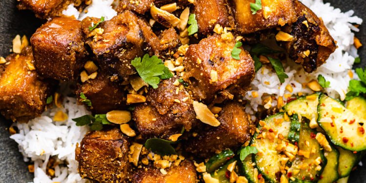 Peanut tofu with cucumber pickle