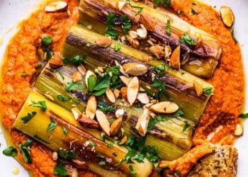 Romesco sauce with braised leeks